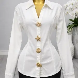 White Denim Shirt with Gold Starfish & Shell Buttons for Women's Fashion