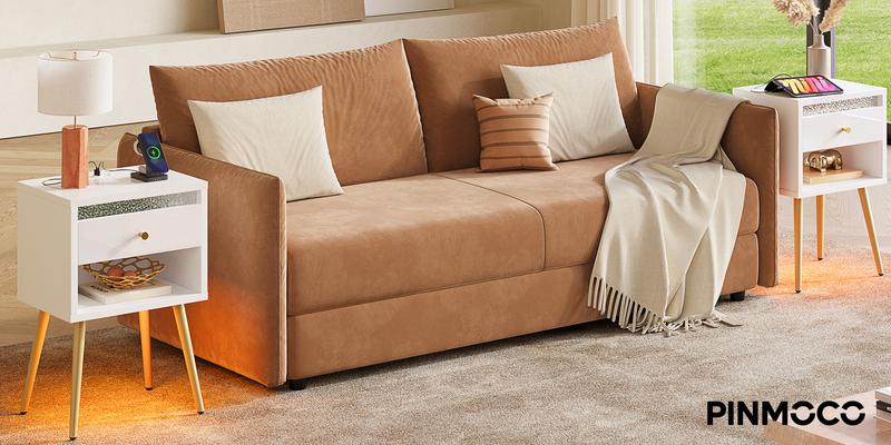 Pinmoco Set of 2 LED Nightstand with Charging Station, Modern Bedside Table with Drawer and Open Storage for Bedroom