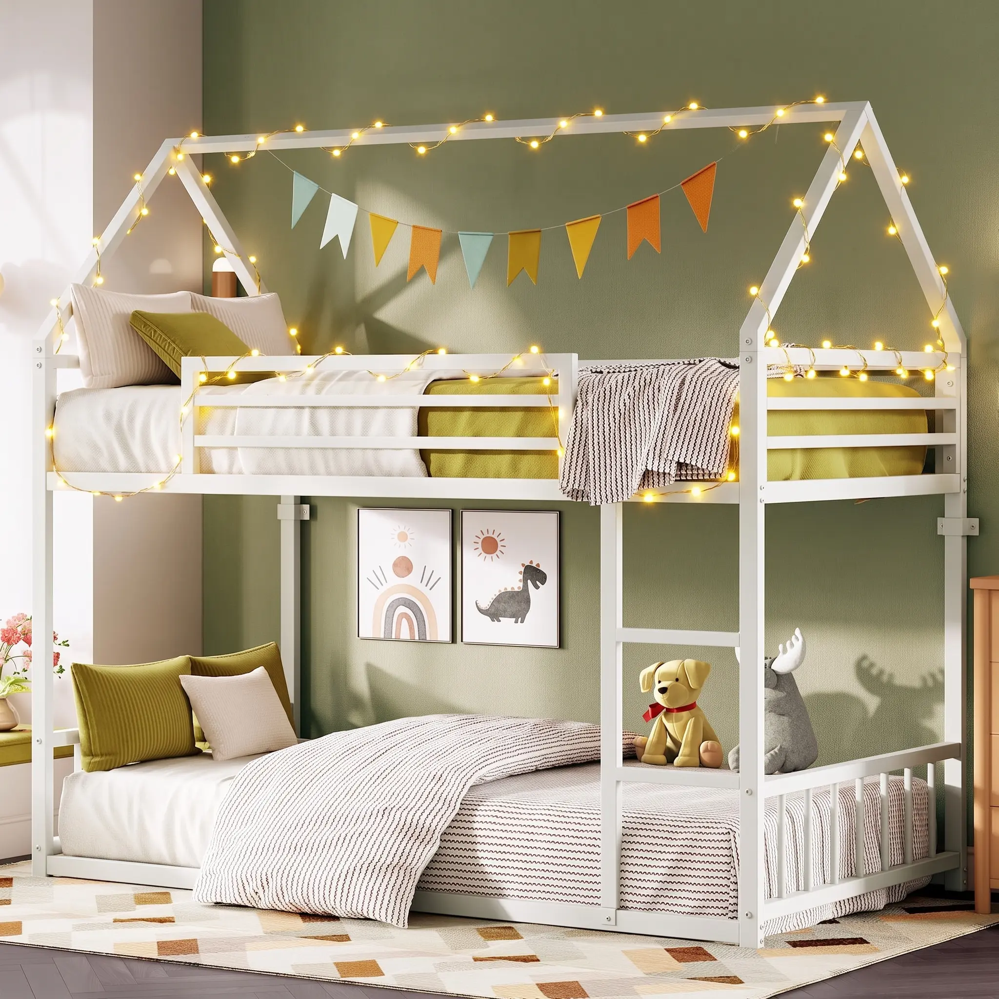 LIKIMIO Twin XL Over Twin XL Metal Frame Bunk Bed - Unique Bed Furniture with Ladder, Guardrail, House Shape & Metal Slats, 81.9"l x 40.7"w x 71.7"h, Space-Saving, No Box Spring Needed for Bedroom