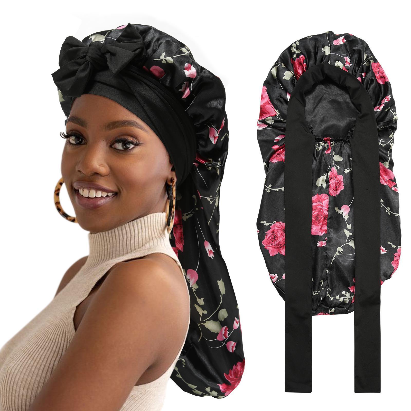 Printed Solid Double-Layer Long Satin Bonnet Sleep Cap Adjustable Care Night Sleeping Cap for Women Braids Curly Hair Wrap for Bonnets with Tie Band