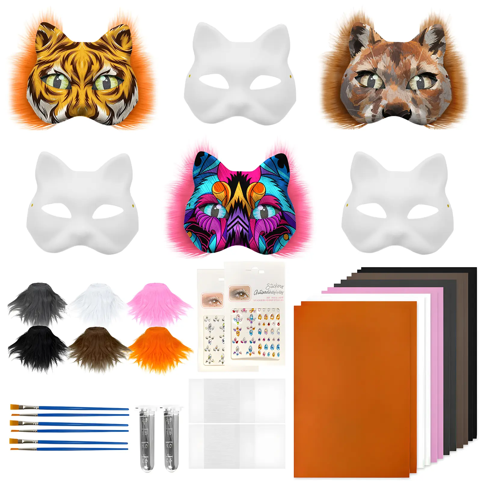 6PCS White Cat Therian DIY Mask Kit - 35-Piece Set with Diy Fur Patterns, Whisker Finish, 2 Sheets of Stickers, Eye Mesh, 12-Color Paints, Brushes, Customizable Festival Mask for Cosplay, Halloween Masquerade