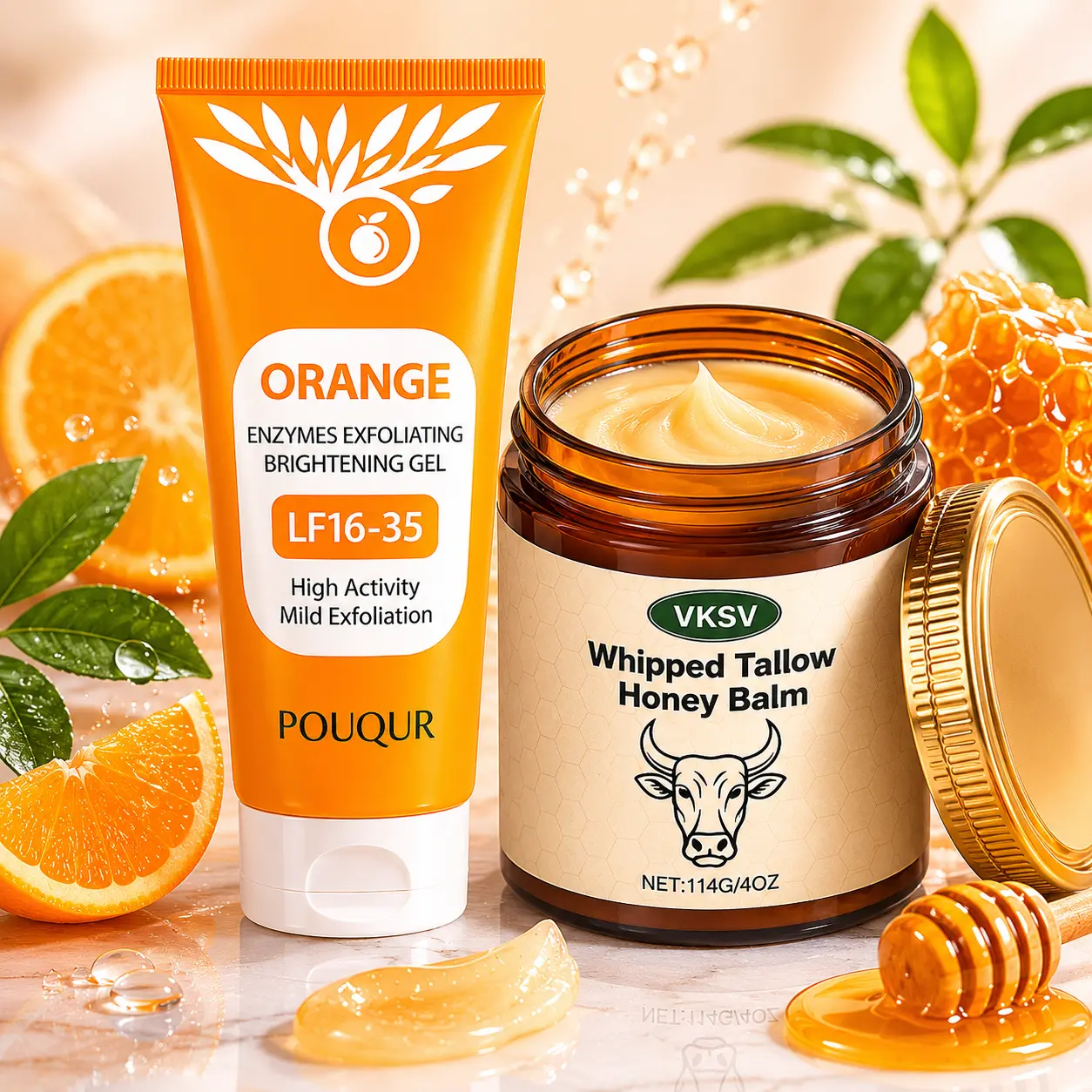 Orange Exfoliating Gel& OrangeGrass-Fed Beef Tallow Honey Balm Set, Deep Cleansing & Brightening Face Scrub, Natural Moisturizer for Hydrated, Smooth, Glowing Skin, Face & Body Care， Deals for You Days Hydrating Moisturizing Gentle