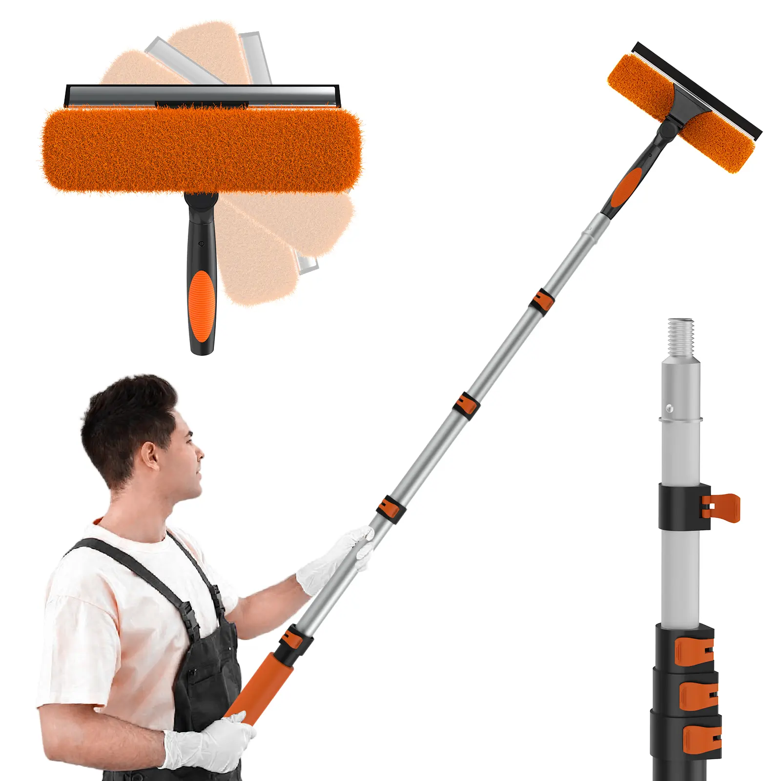 Window Squeegee with Extension Pole, 2-in-1 Squeegee for Window Cleaning, Professional Cleaning Kit for Home with 4FT Telescoping Pole for Outdoor Indoor Use
