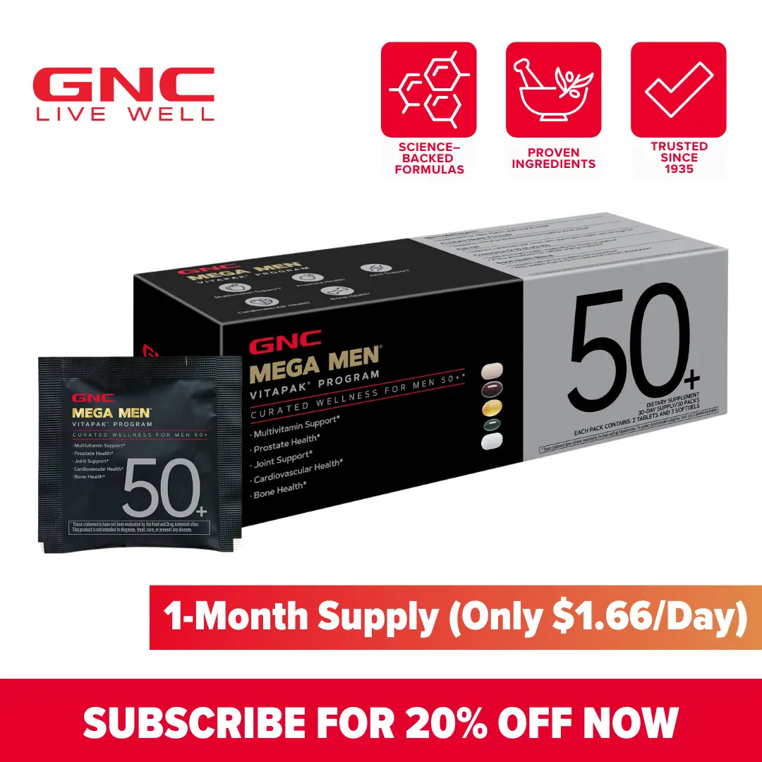 GNC Mega Men 50+ Vitapak, 5-in-1 Multivitamin Pack, Energy Production, Men's Health, Prostate, Joints, Dietary Supplement, 30 Servings