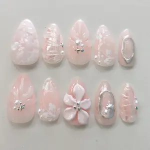 Pink Summer Spring Almond Press On Nails Application Packet Trendy Cute Unique with Floral Design and Pearl Accents