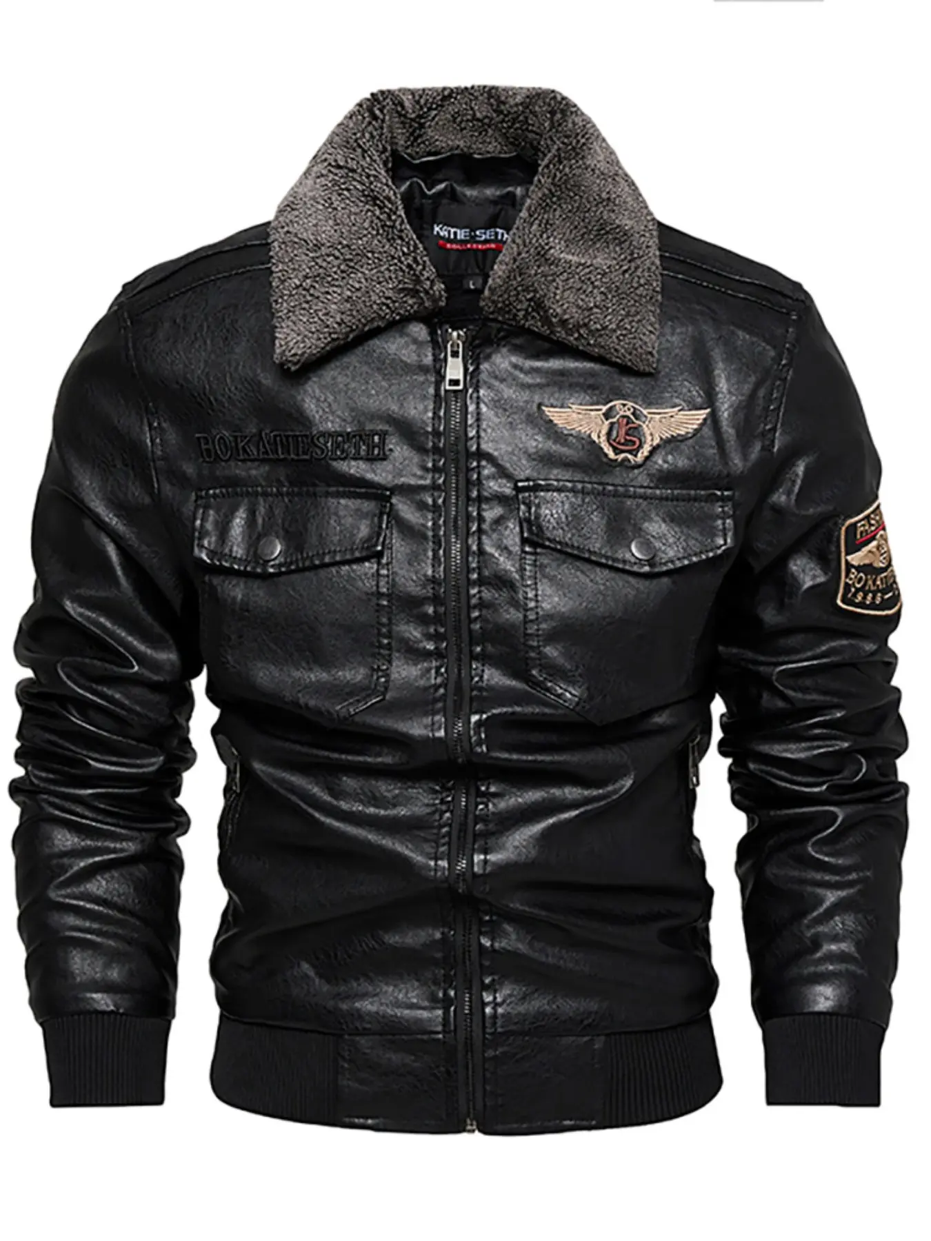 Men's Retro PU Pilot Jacket, Casual Embroidered Zipper Lapel Faux Leather Coat, Long Sleeve Fall & Winter Outerwear, Casual Fashion Jacket, Faux Leather Jackets