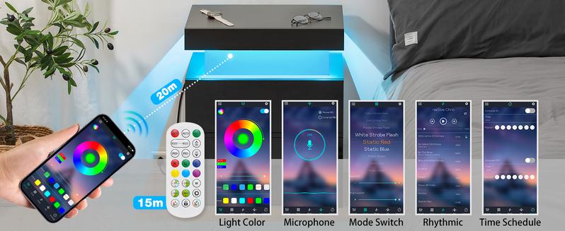 HOMMPA LED Nightstand Black Night Stand with Led Lights Modern Nightstand with 2 High Gloss Drawers, Bedside Table Smart Bed Table for Bedroom 20.5” Tall