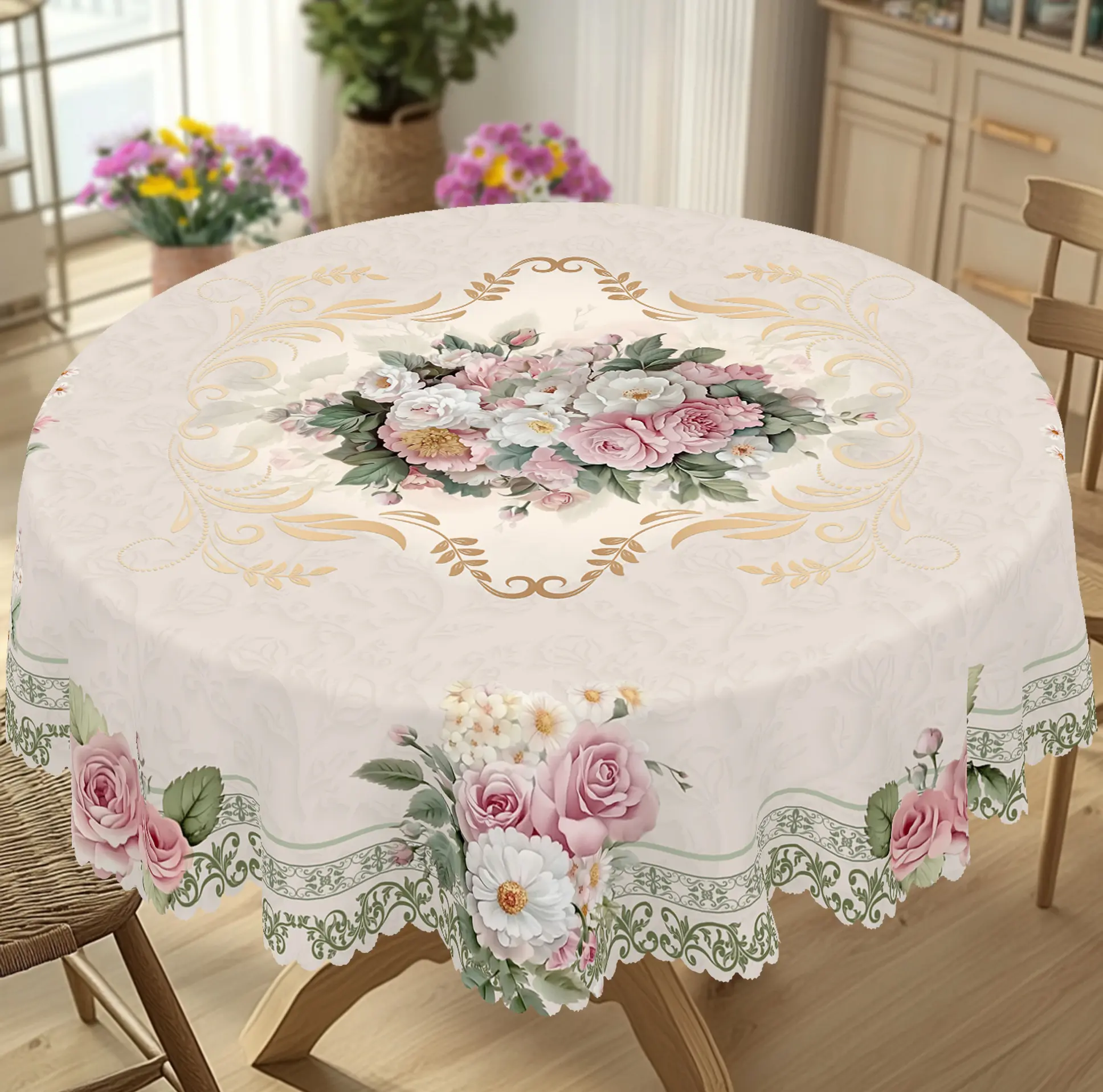 PLUMLIK Romantic Floral Themed Tablecloth, Elegant Rose Flower Round Rectangular Table Cover, Indoor Outdoor Home Decor, Holiday Gatherings Wedding Anniversary Mother's Day Birthday Party Decoration, Daily Dorm Decor, Kitchen Restaurant Coffee Table Decor