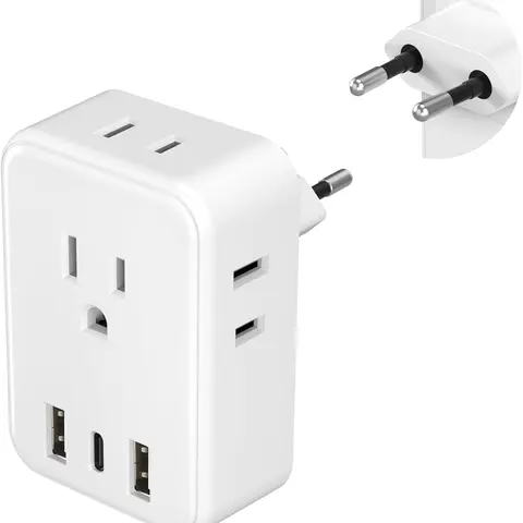 BN-LINK US to Europe Travel USB Multi Plug Adapter - 230V Input Power Outlet, 4 AC Outlets, 3 Ports (1 USB-C), Universal Socket, Single Unit, 0.22 lbs, Compatible with Iceland, Spain, Italy, France, Germany