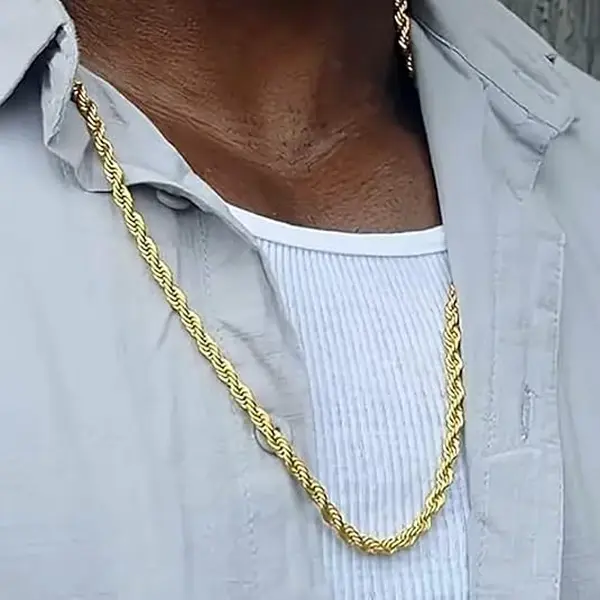 18K  Gold-Plated Rope Chain Necklace 6-8mm Thickness, Lobster Claw Clasp, Jewelry Gift for Men or Women