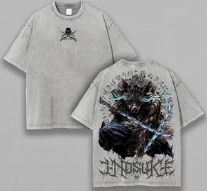 Demon Slayer Mens Washed Tee, Inosuke Hashibira Printed Kaos Short Sleeve