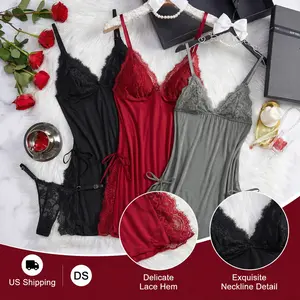 Sexy Lace Trim Chemise Nightgown with Side Tie Slit, V-NeckSleepwear with Matching Thong, Soft Satin Lingerie for DateNight, Bridal Honeymoon & Loungewear, Perfect Romantic Giftfor Her