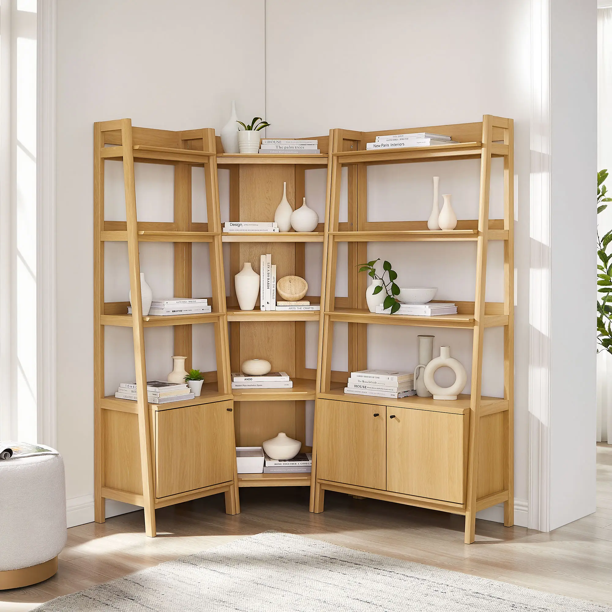 Bixby 3-Piece Modern Corner Bookshelf Set, Oak Finish, with Wide & Narrow Shelves, Book Nook, Corner Shelf, Hidden Storage for Home Library