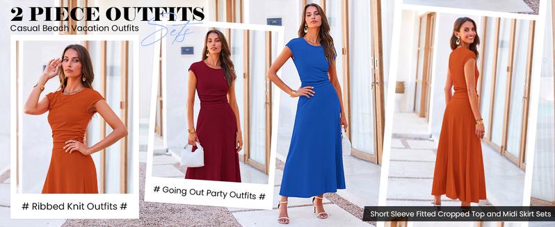 PrettyGarden Women's 2-Piece Ribbed Knit Short Sleeve Crop Top High Waist Midi Skirt Set Summer Outfits#springtok