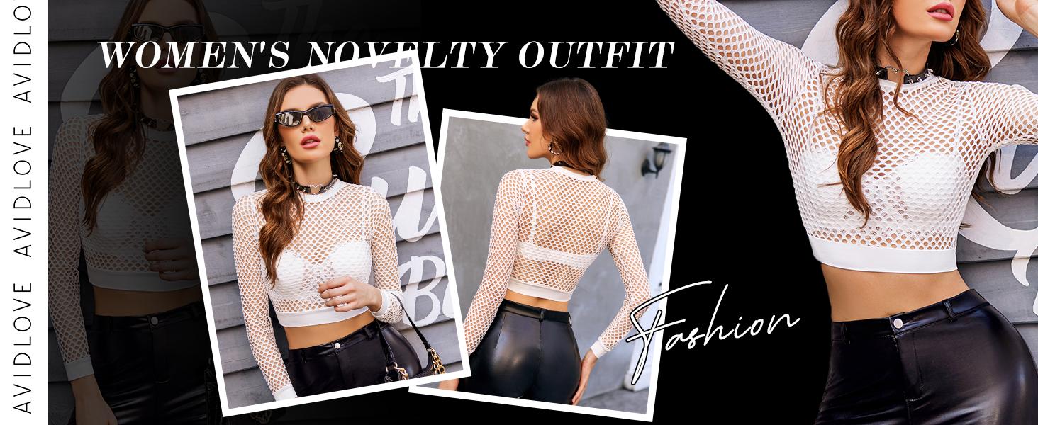 Avidlove Fishnet Top for Women Fishnet Crop Top Long Sleeve Fishnet Shirt Fishnet Long Sleeve Top