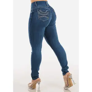 Push Up High Waist Chain Pocket Skinny Jeans Dark Bleach Wash