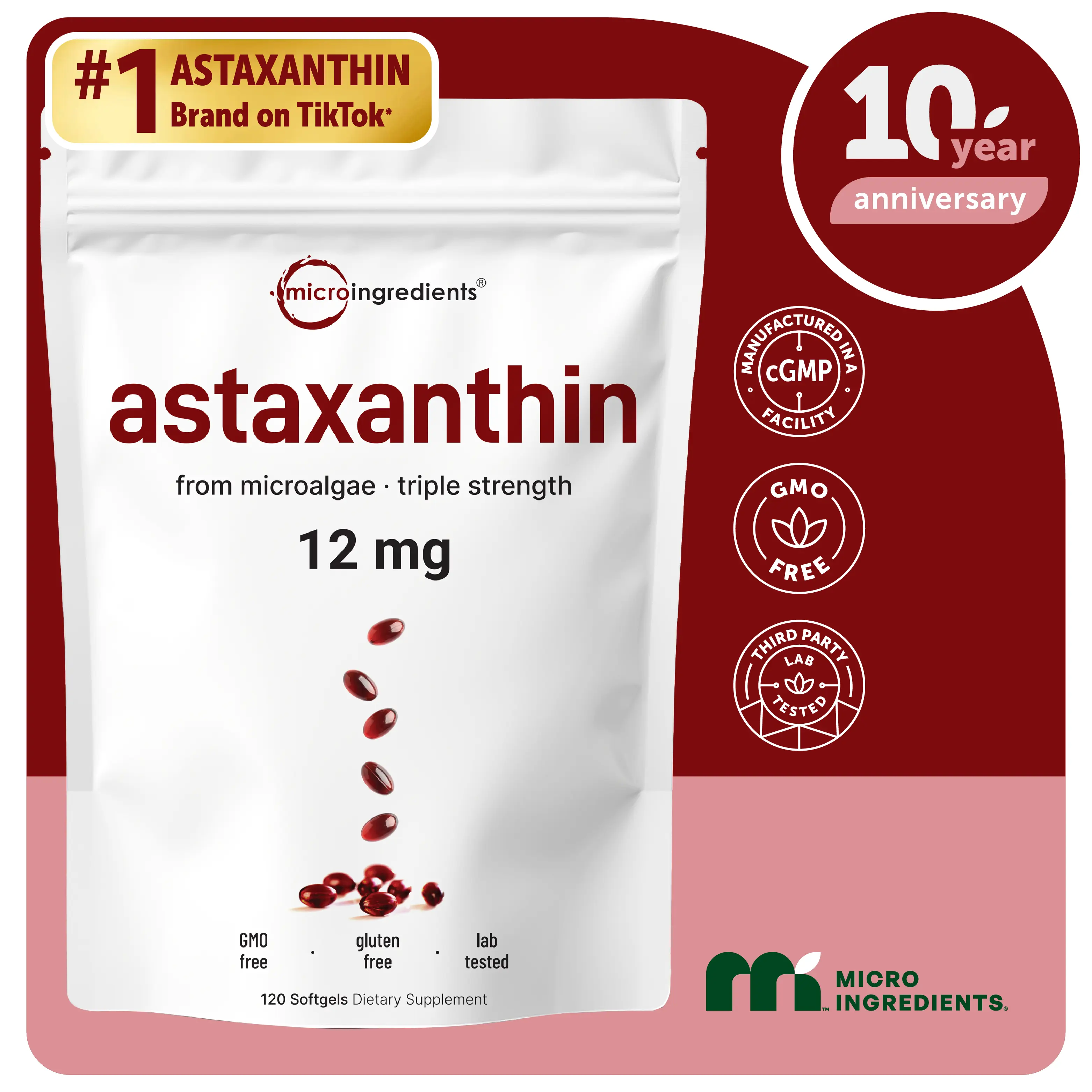 Micro Ingredients Astaxanthin 12mg, 120 softgels, tanning pills, Strength Carotenoids Skin Supplement w. 100% Natural Astaxanthin from MicroAlgae