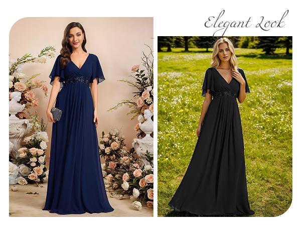 Ever-Pretty 2026 Valentine dress Elegant Spring  Dress ,Chiffon Maxi Gown with Deep V-Neck, Flutter Sleeves and Embroidery for Fall Wedding Guest dress Ruffles Sleeve A-Line Chiffon Waist Applique ,Maxi Formal Evening Dress 01960