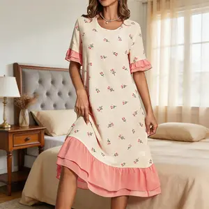 VIBESLEEP Women's Floral Print Ruffle Sleeve Loungewear Dress Elegant Contrast Color Tiered Hem Nightgown Soft Sleepwear for Summer Homewear Womenswear