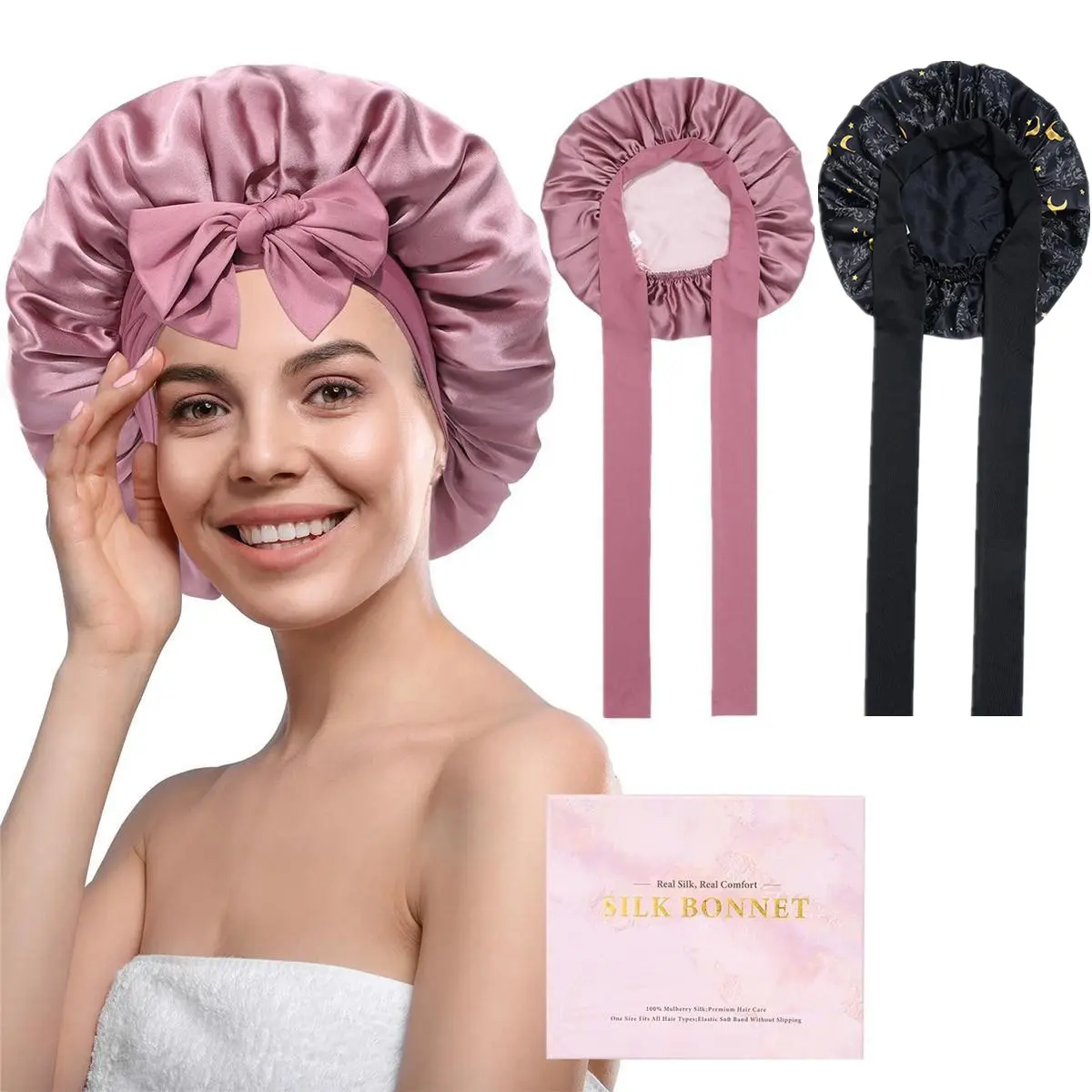 Women's 100% Mulberry Silk Sleeping Bonnet, Double-Layer Haircare Cap with Elastic Tie Band, Reversible Heatless Hair Styling Nightcap Gift for Females, Hair Styling Cap, Smoothing, Thanksgiving, Anniversary, Valentine's Day, Everyday Sleep