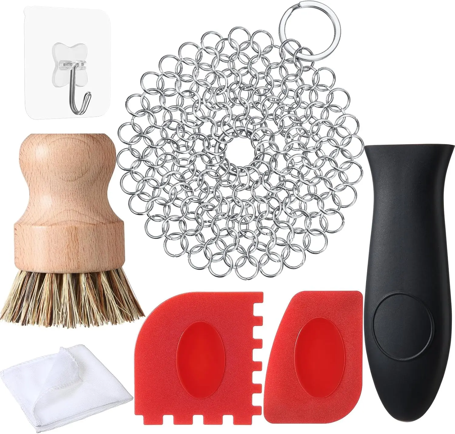 7 count Cast Iron Cleaner Set Include Stainless Steel Chainmail Scrubber with  Dish Scrub Brush Hot Handle Holder 2 Pan Grill Scrapers Kitchen Towel Wall Hook (Classic Color)
