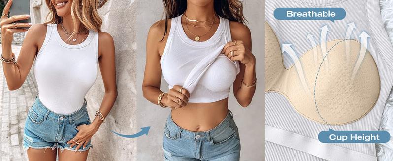 Chicme 2-Piece Ribbed Built-in Bra Tank Top Round Neck Ribbed Tank With Bra Pads Athletic Tank Tops for Women