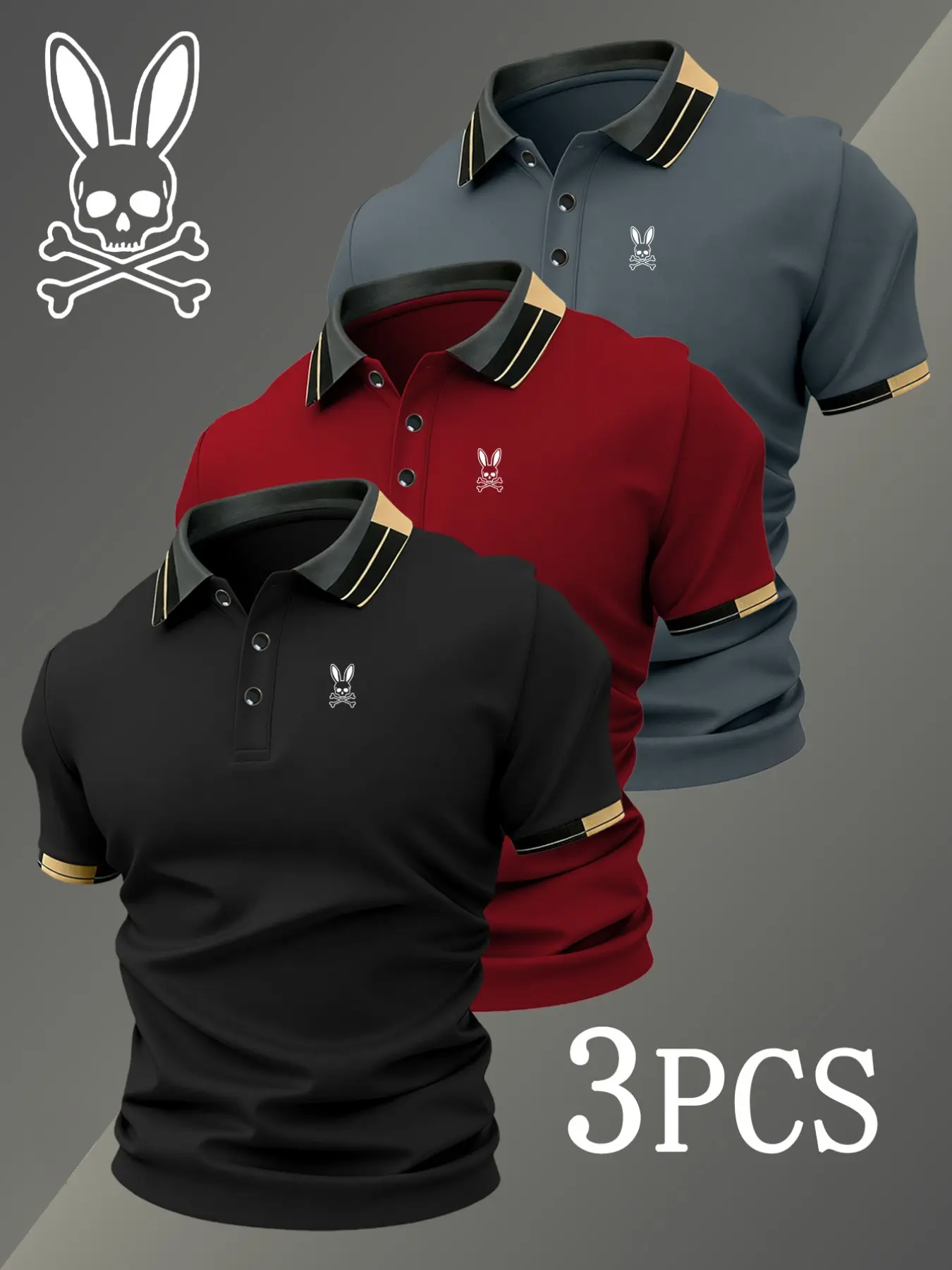 Men's Golf Casual Style Polo Shirt Set Top with Skull Rabbit Print, Fitted Collar Casual Shirt, Stretchy Breathable, High-Quality Comfortable All-Season Wear