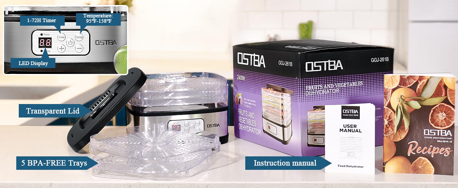 OSTBA Food Dehydrator Machine Adjustable Temperature & 72H Timer, 5-Tray Dehydrators for Food and Jerky, Fruit, Dog Treats, Herbs, Snacks, LED Display, 240W Electric Food Dryer, Recipe Book Appliances,low power consumption