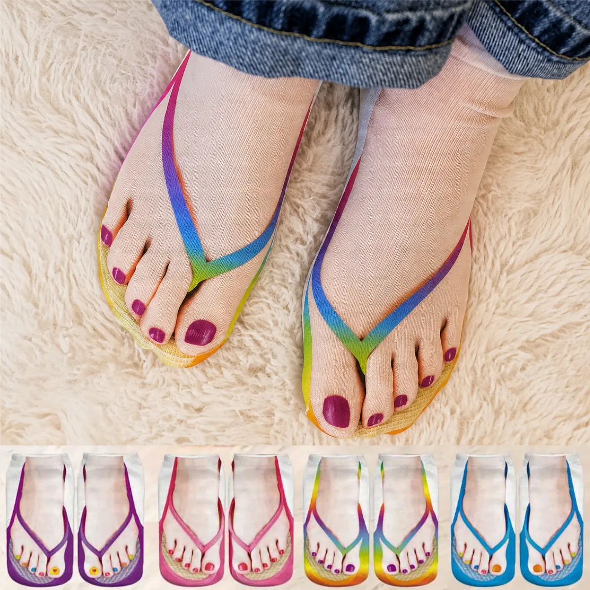 4 Pairs Flip Socks, 3d Flip Flop Socks For Women Casual Flip Flop Print Socks Personalized 3d Fanny Socks Nail Print Low Socks, Novelty Ankle Socks for Women&Men