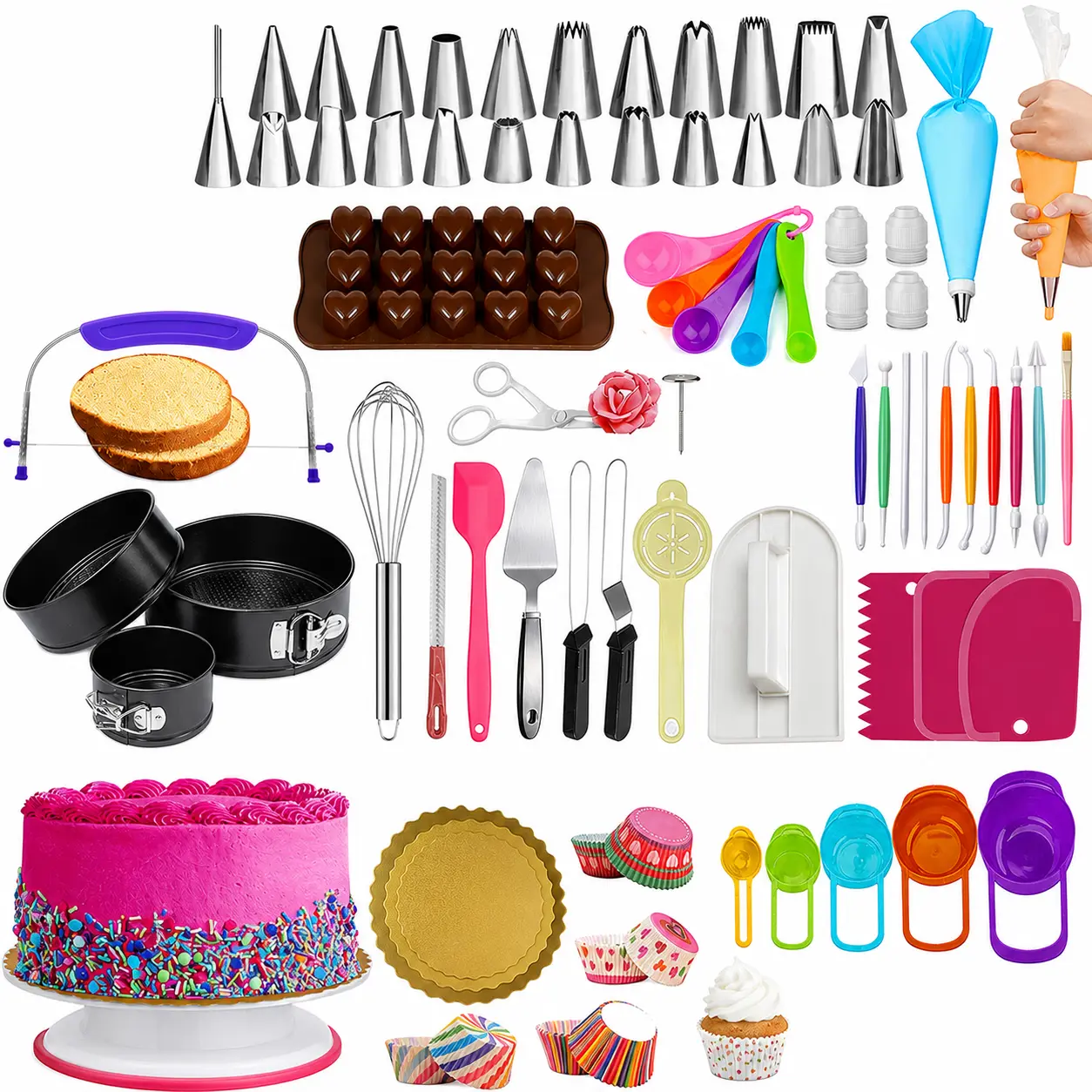 RFAQK 700PC Steel Cake Decorating Kit - Springform Pans, Turntable, Piping Tips, Icing Spatulas, Cake Leveler, Fondant Tools, Cookie Toppers for Baking & Decoration Needs, Ideal Gift for Bakers