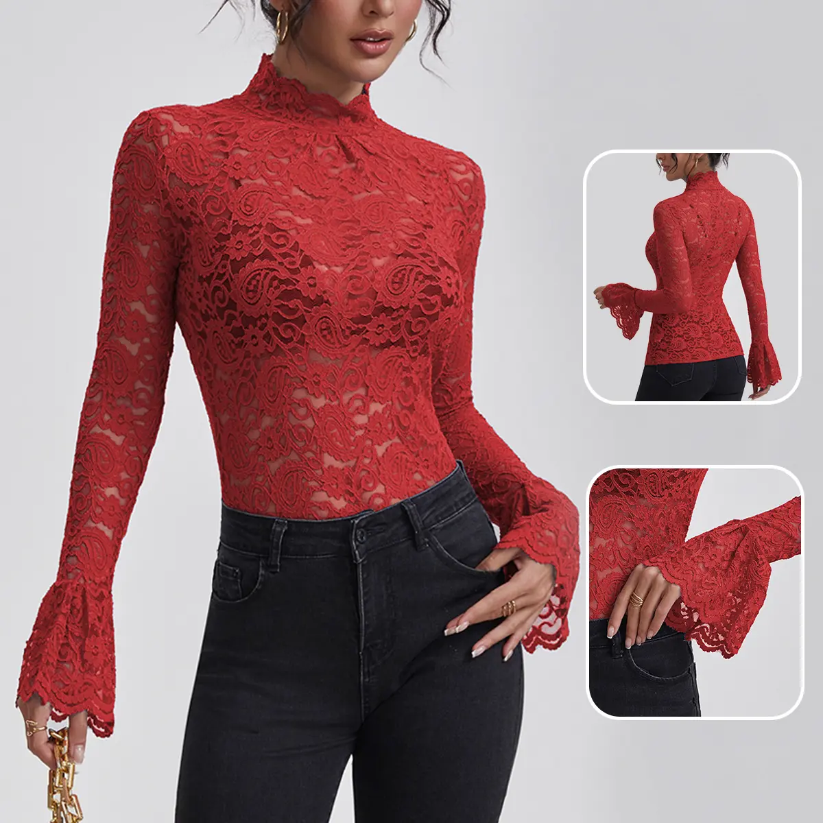 V FOR CITY Women's Lace High Neck Long Flounce Sleeve Pullover Sheer Slim Fit Sexy Floral Stand Collar Blouse Top