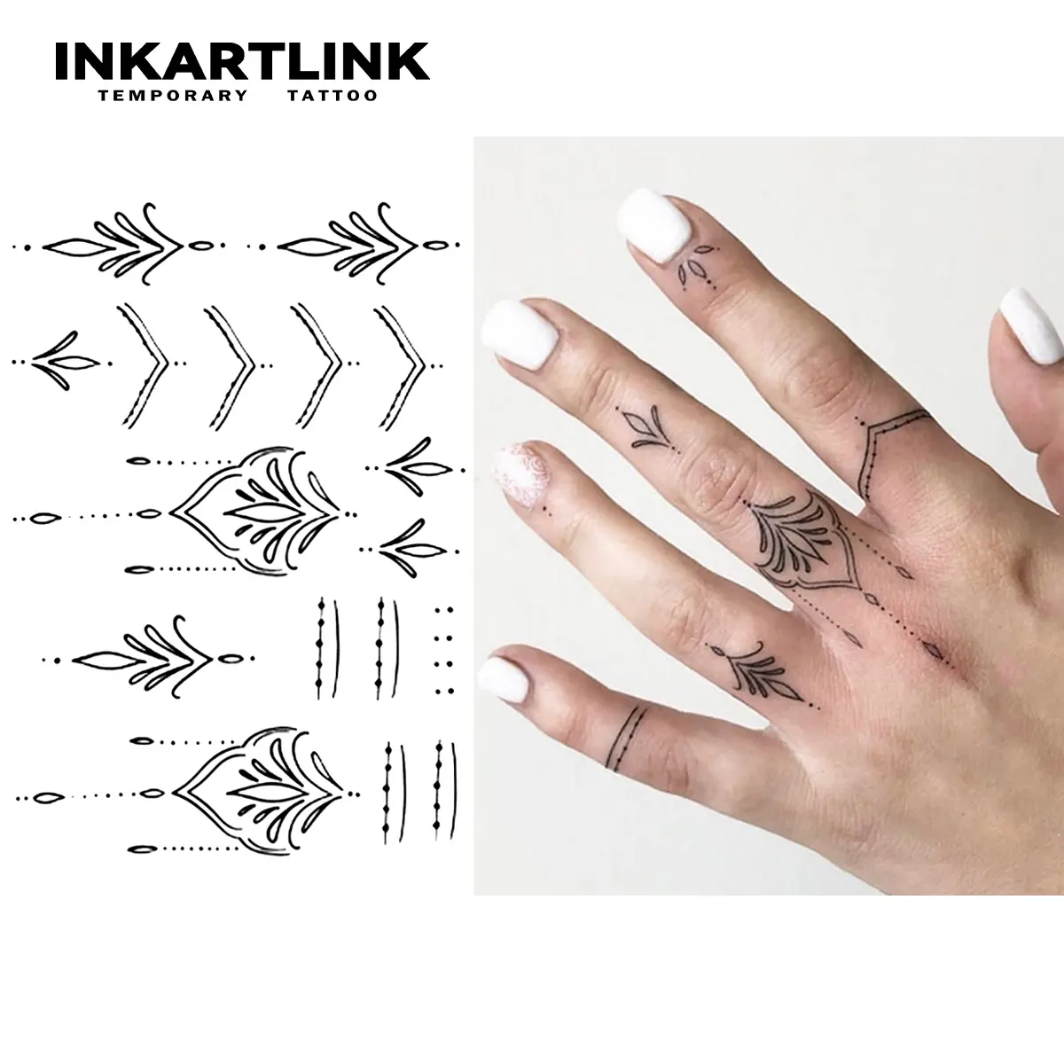 INKARTLINK Semi-Permanent Tattoos, 2 Sheets of Waterproof and Realistic Henna Finger Tattoos That Last 1-2 Weeks, Adult Art for Men and Women, Henna Tattoo, Fake Tattoos