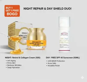 Buy 1 Get 1: Retinol & Collagen Anti-Wrinkle Cream (50g) + FREE Daily Face Sunscreen SPF 45. Night Repair & Day Shield Duo for Firming, Hydrating & UV Protection. Non-Greasy, No White Cast. Perfect for All Skin Types to Reduce Fine Lines.