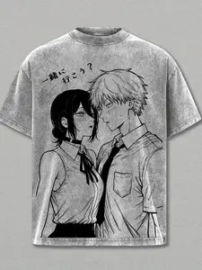 Men's washed street brand urban style 100% pure cotton T-shirt animation couple printing Japanese casual daily wear front and rear printing retro heavy tee perfect gift loose and comfortable breathable machine washable fabric hip hop cool style