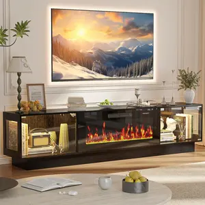 PUKAMI 80 Inch Modern Fireplace TV Stand, Luxury TV Stand with 36" Fireplace for TVs Up to 90", Glossy Glass Doors Entertainment Center with Adjustable RGB LED Light for Living Room