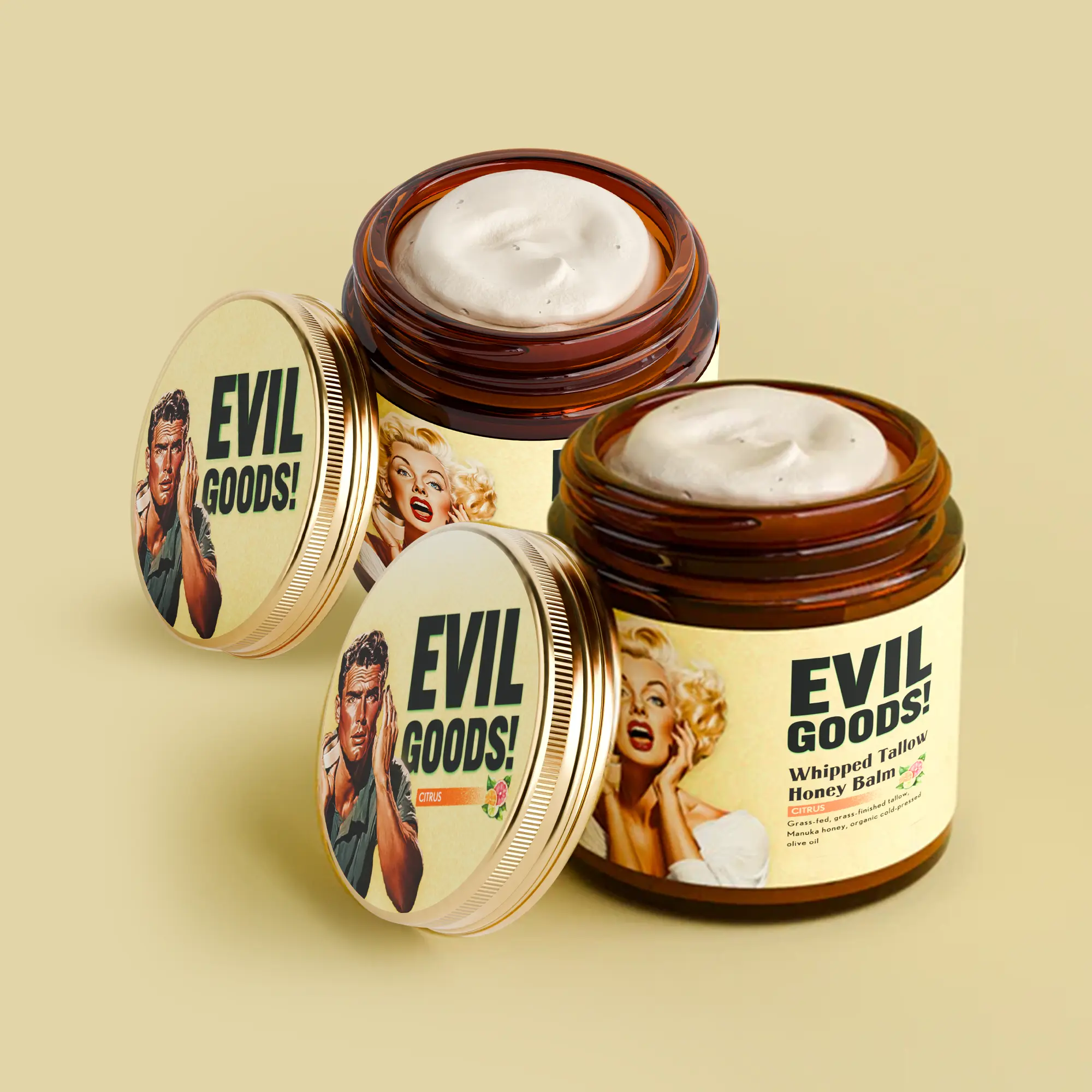EVILGOODS Whipped Beef Tallow Balm with Manuka Honey, Organic Moisturizer for Face, Body & Lips, Natural Body Care to Restore Skin, 2-Pack, Cosmetic, Moisture, Beef Tallow For Skin, Moisturize Nourish Fortify, Lotion
