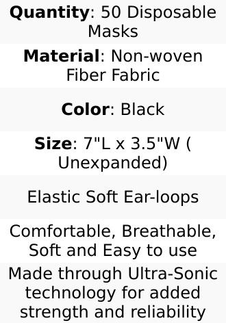 50 Pack Black Disposable Face Mask Non Woven Mask with Ear Loop 3 Ply