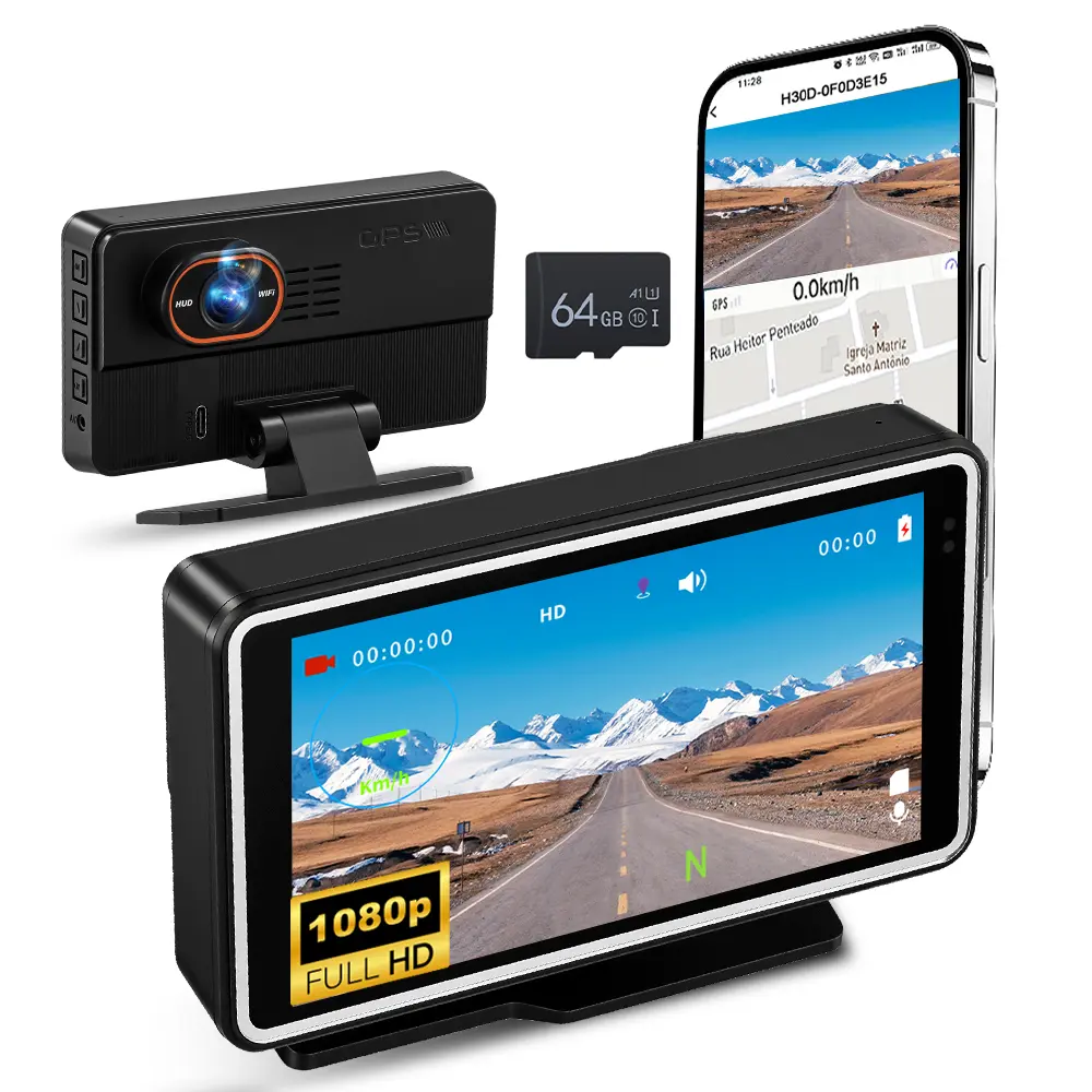 Podofo WiFi Enabled Car Dashcam with 5-in Screen, Car Driving Safety Accessory - 5 inch Display, HD 1080P, 64GB Micro SD Card, HUD Display, App Playback, Loop Recording, Motion Detection, Overspeed Alarm, Father's Day Gift, Car Accessories, Accessories Fo