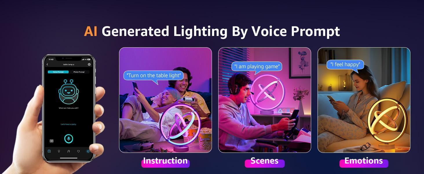 Lepro RGBIC AI Smart Table Lamp, Music Sync Smart Table Lamp Work with Alexa Google, LED Desk Lamp with 16M Colors, Color Changing Atmosphere Lamp for Bedroom Living Room Dimmable Night Light APP Control No Remote, 2.4 GHz