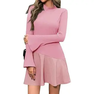 Wenrine Women's Long Bell Sleeve Mini Dress Casual Mock Neck Ruffle Hem Slim Fit Fall Knit Dresses