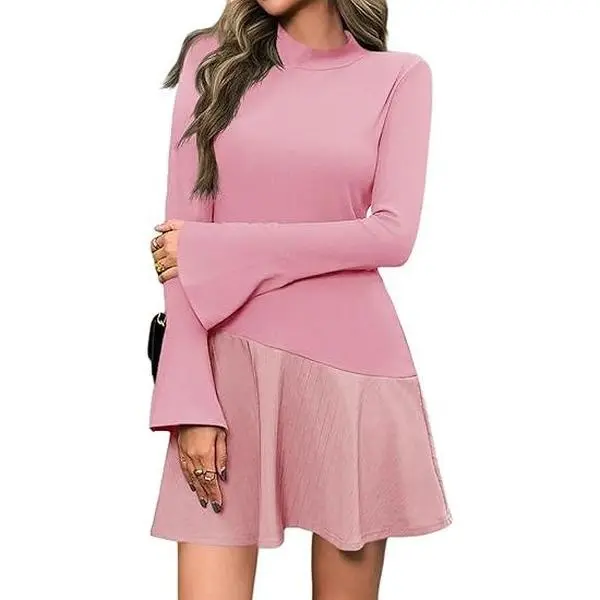 Wenrine Women's Long Bell Sleeve Mini Dress Casual Mock Neck Ruffle Hem  Slim Fit Fall Knit Dresses - TikTok Shop