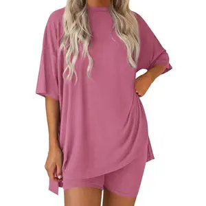 Women's Casual Wear, Summer, 2-Piece Suit, Pajamas, Casual Loose, Short-Sleeved Shorts, Airport Travel Wear, Hem Slits, Home Wear Loungesetwomen Loungewear Nightwear Womenswear