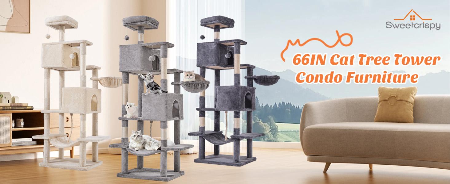 Sweetcrispy Cat Tree with Cat Condo and Big Hammock - 22.44"x13.78"x39.37"H, Faux Fur, Natural Sisal Posts, Hanging Ball, Removable Hammock