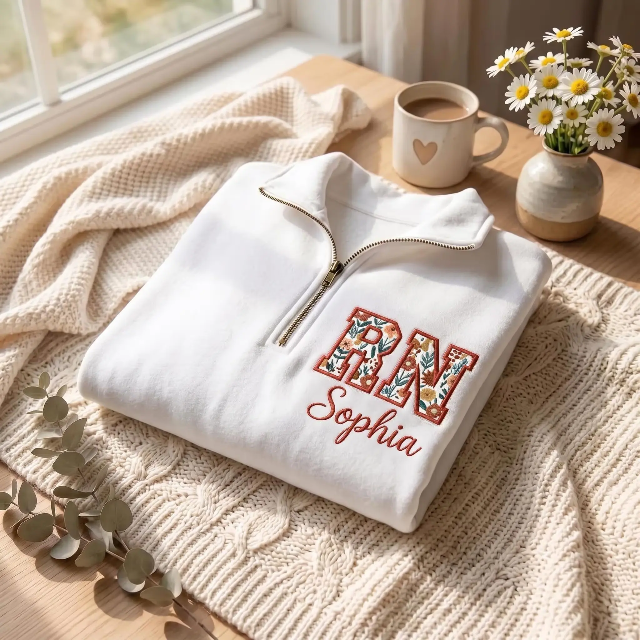 [MADE IN US] Embroidered Custom Nurse Applique Quarter Zip Sweatshirt, Registered Nurse Sweatshirt, Rn Nurse Sweatshirt, RN Gift, Monogram Nurse Gift