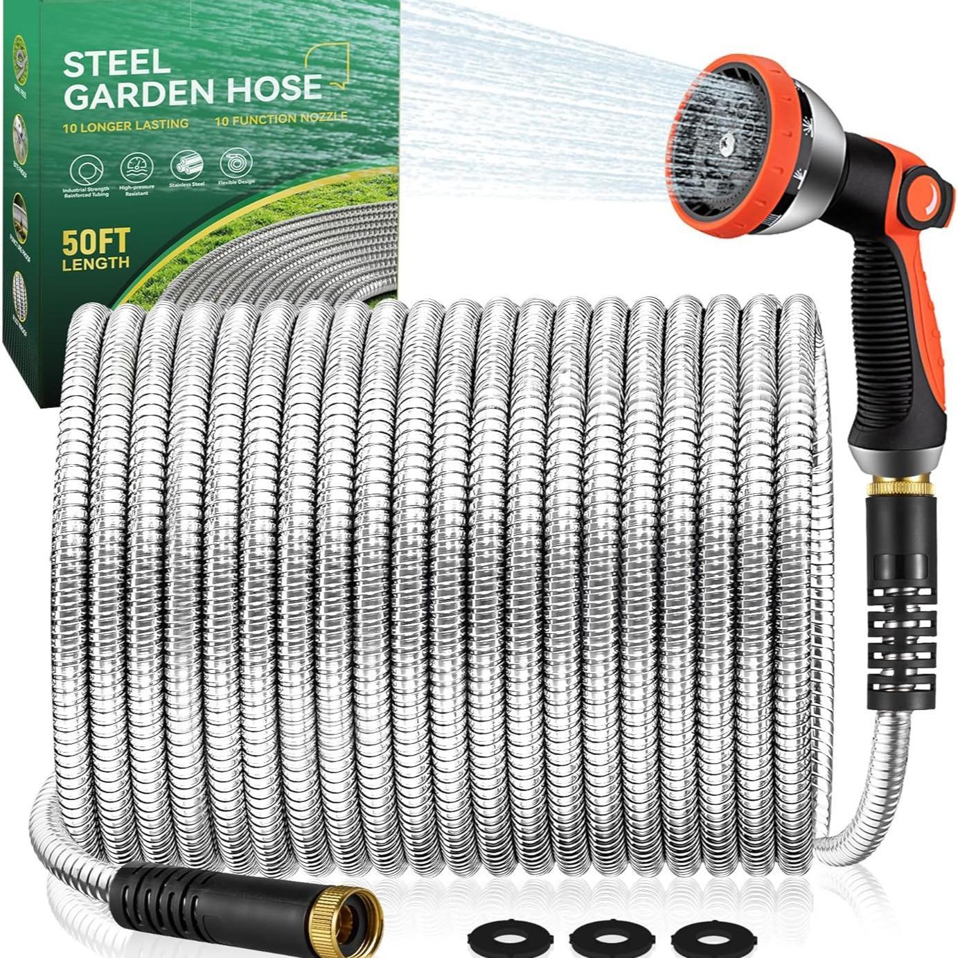 Garden Hose 50/100 ft Metal - Stainless Steel Water Hose Flexible Heavy Duty Garden Hose Collapsible and No Kink Water Pipe Handle Home Adjustable Nozzle Kink Resistant Hose