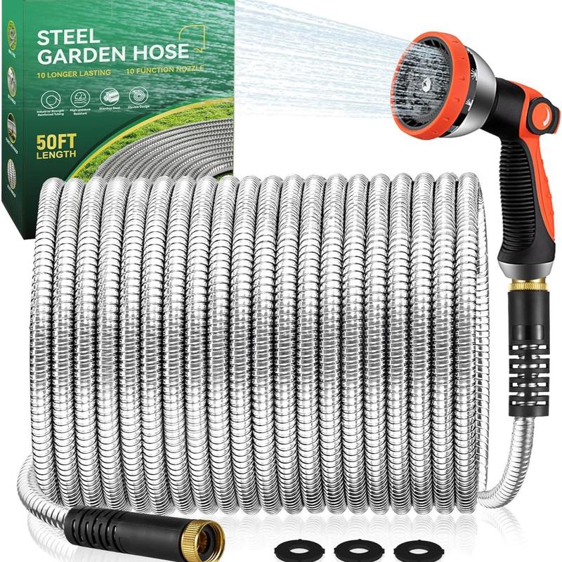 Garden Hose 50/100 ft Metal - Stainless Steel Water Hose Flexible Heavy Duty Garden Hose Collapsible and No Kink Water Pipe Handle Home Adjustable Nozzle