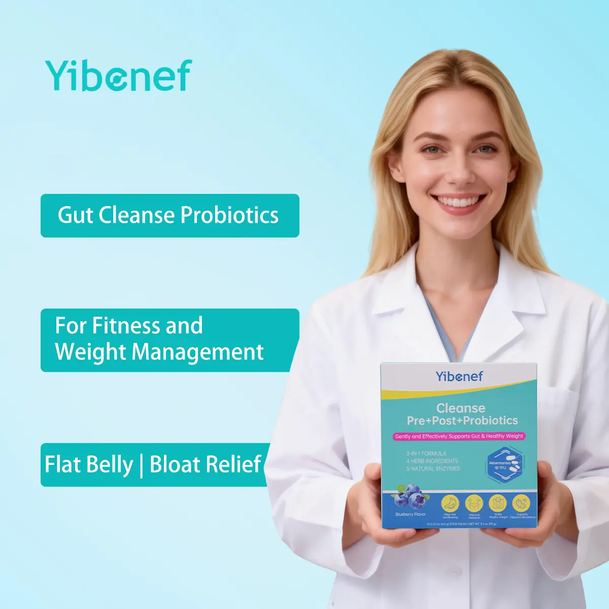 Yibenef Gut Support Probiotic Blend - 15 Sticks, 60B CFUs with AKK, Prebiotics, Postbiotics, Sugar-Free Blueberry Powder Drink, Herb Ingredients for Gas, Bloating Relief, Healthy Weight & Gut Cleanse Support, Gas And Bloating