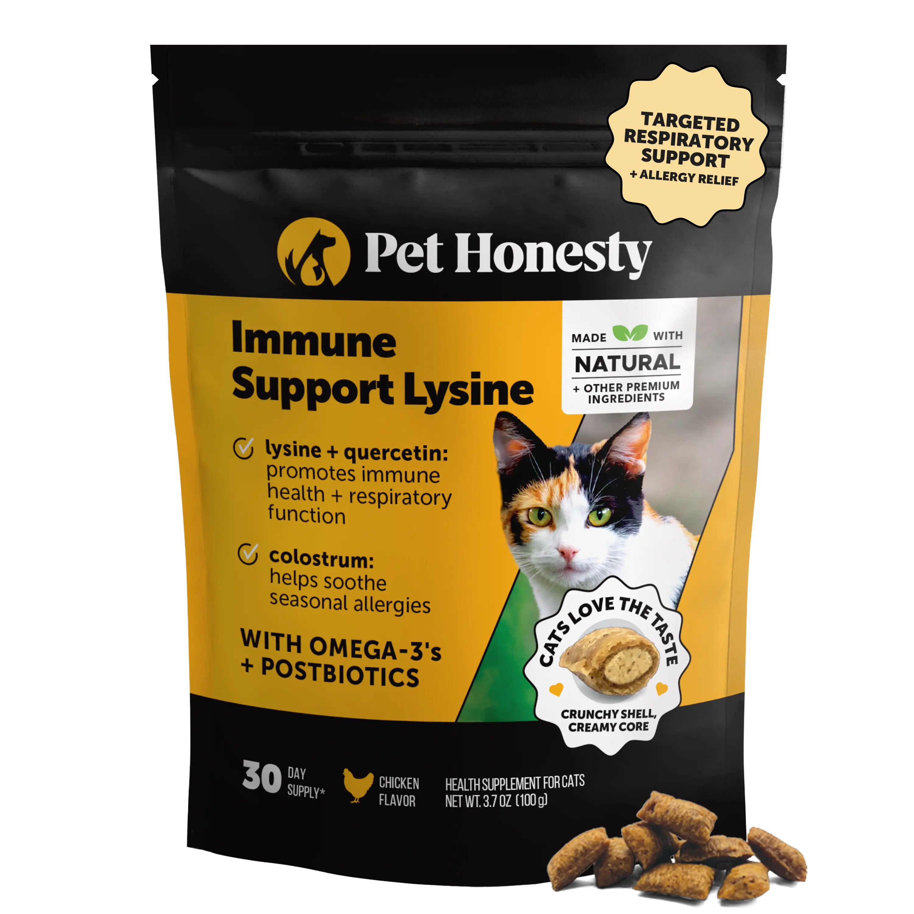 Pet Honesty Dual Texture Immune Support Lysine for Cats Cat Treat Alternative for Allergy Relief Vitamins Supplement - Fish Oil Colostrum + Prebiotics