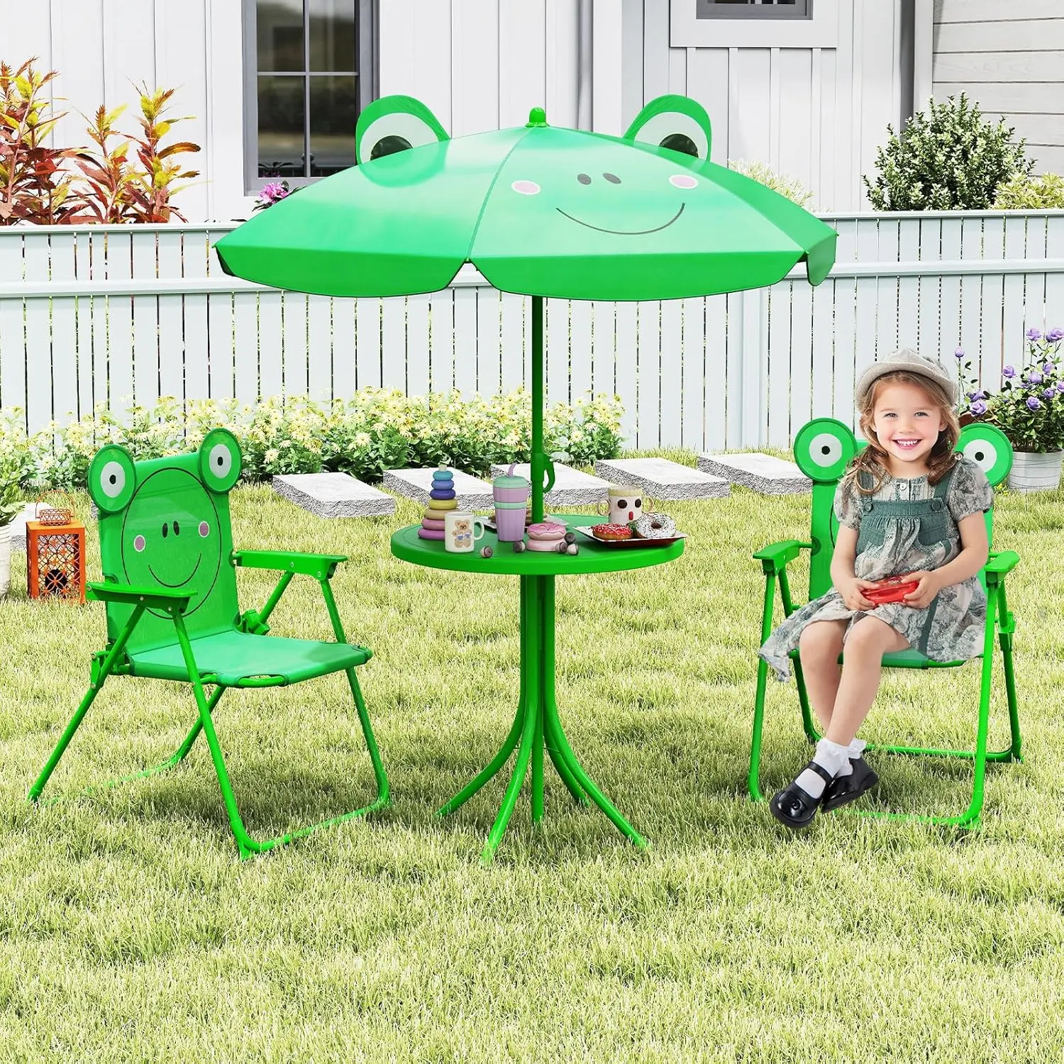 Costzon Kids Outdoor Picnic Table with Folding Chairs, Height Adjustable Umbrella, Portable Children Outdoor Furniture for Patio, Garden, Backyard,mothersdaygift,Summervibes, Lightweight Outdoor Table, Patio Furniture Sets