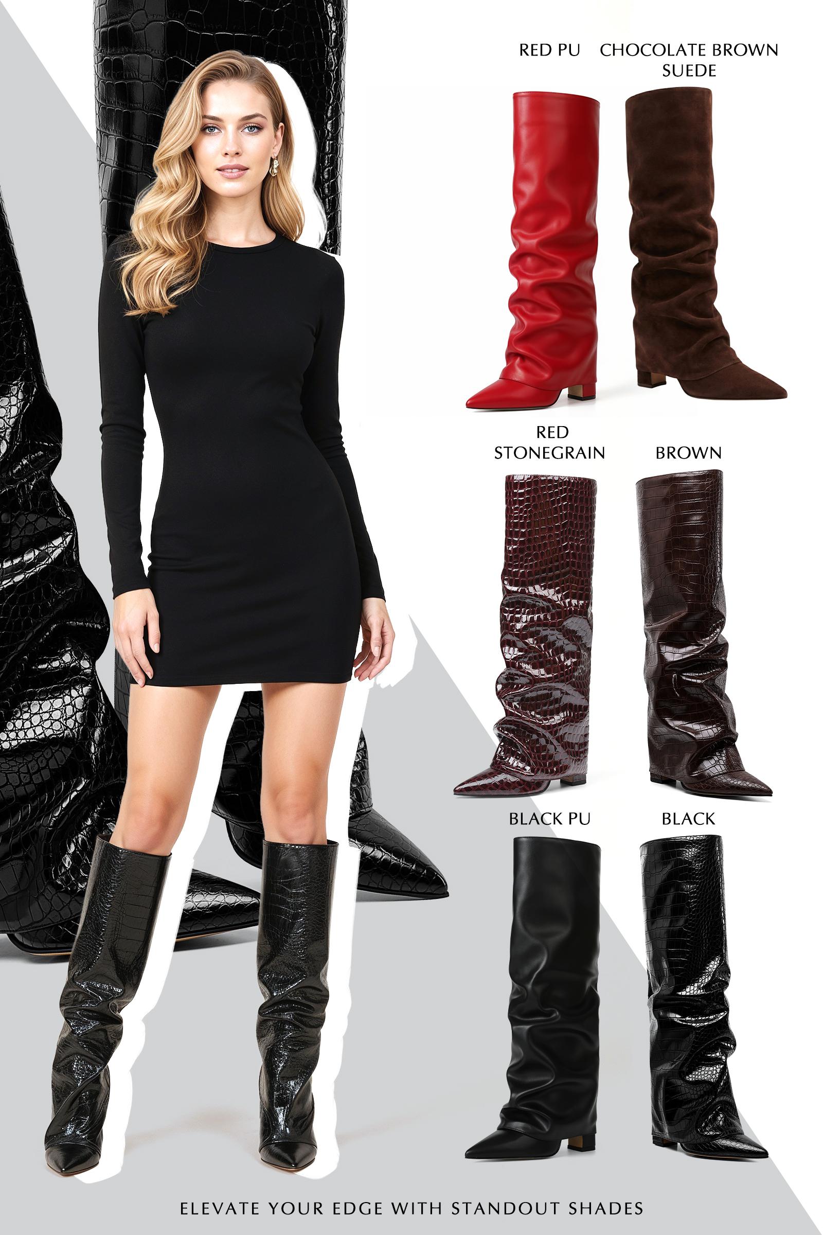 VIMISAOI Fold Over Boots for Women Knee High Boots Block High Heel Almond Pointed Toe Boots Pull on Wide Calf Summer Boots For Women